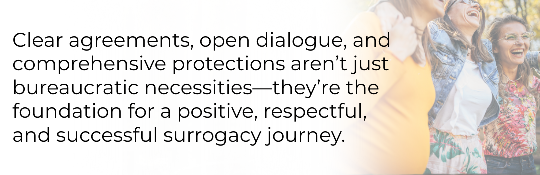 Photo of three women laughing with a quote from the article: Clear agreements, open dialogue, and comprehensive protections aren’t just bureaucratic necessities—they’re the foundation for a positive, respectful, and successful surrogacy journey.
